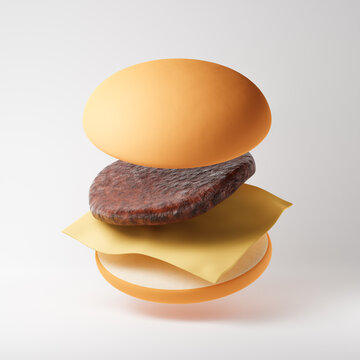 Flying cheeseburger isolated over white background. Fast food concept. 3D rendering.