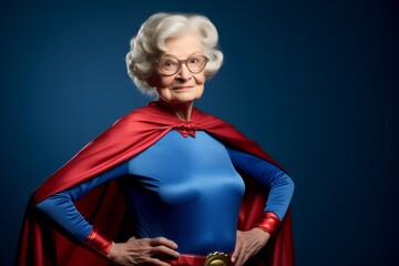 Superwoman grandmother wearing superhero costume with red cape