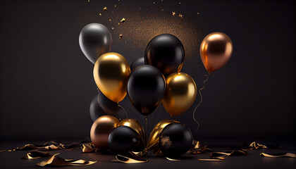 Golden and black metallic balloons and on glistering dark background with birthday party concept, Ai generated image.