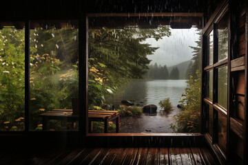 view of the lake shore from the porch in the morning at the cabin near the mountain - obrazy, fototapety, plakaty