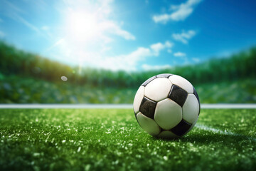 Fototapeta premium Soccer ball on a green field outside with a sun beams, sport concept