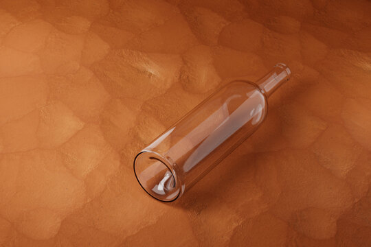 Empty wine glass bottle isolated over abstract sand background. 3d rendering.