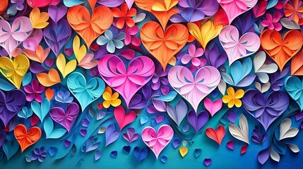 Colorful paper hearts and flowers on a blue background. Postcard for St. Valentine's Day. Paper art style.