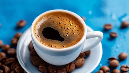 Fototapeta premium White cup of hot chocolate on blue background 