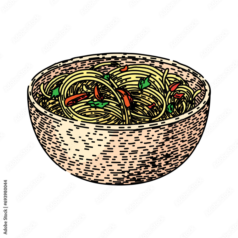 Poster meal noodles hand drawn. instant food, chinese tasty, yellow bowl meal noodles vector sketch. isolated color illustration