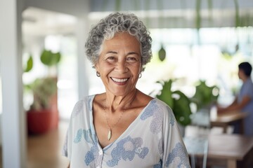 Portrait of a smiling elderly woman in nursing home - obrazy, fototapety, plakaty