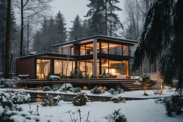 Fototapeta na wymiar Exterior of a modern contemporary house in the winter woods
