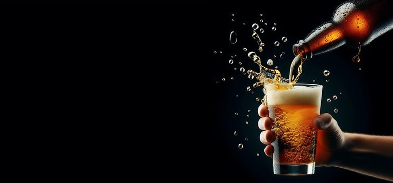 Beer being transferred from bottle to glass on an isolated black background, generative ai
