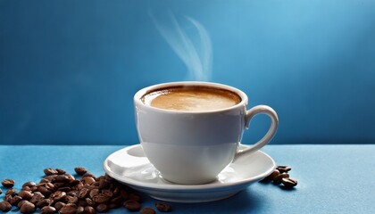 White cup of hot chocolate on blue background	

