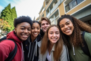 Diverse high school students taking selfie on campus