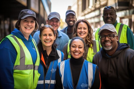 Group portrait of diverse community volunteers in city