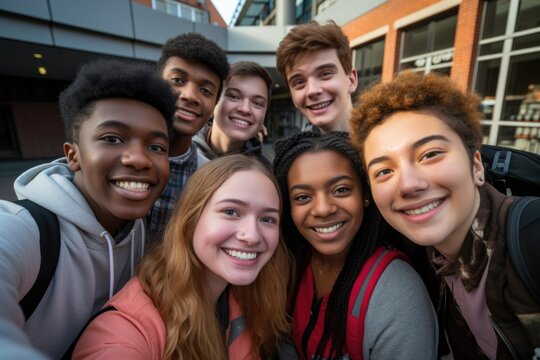 Diverse high school students taking selfie on campus