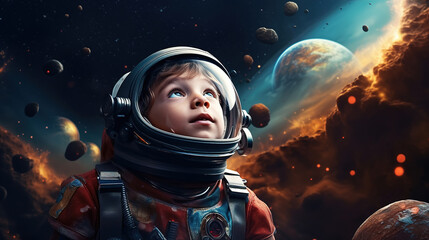 Boy in cosmosuit in outer space. Childhood, creative and imagination