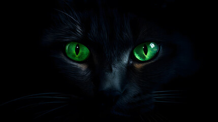 Black Cat with Green Eye with Dark Background - Powered by Adobe