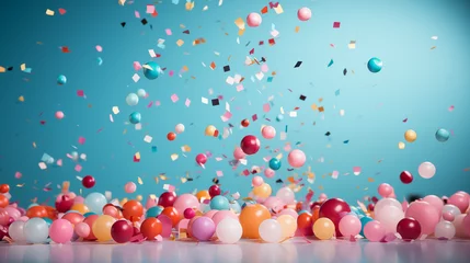 Foto op Plexiglas Many colored balloons on a blue background © Aleksandra Ermilova