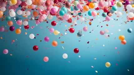 Fotobehang Blue background with colorful balloons and confetti © Aleksandra Ermilova