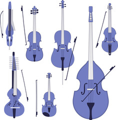 Set of different violins, string instruments.Vector images of musical instruments.