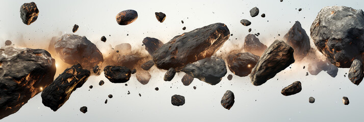 Many rocks and broken brittle matter explode toward space, in the style of rendered in cinema4d - obrazy, fototapety, plakaty