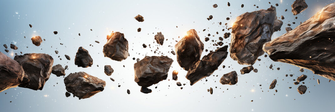 Many rocks and broken brittle matter explode toward space, in the style of rendered in cinema4d