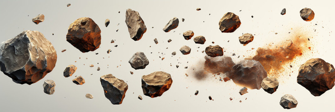 Many rocks and broken brittle matter explode toward space, in the style of rendered in cinema4d