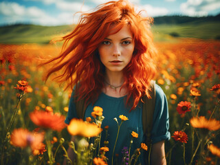 A Portrait of a Red-haired Maiden Amidst Red and Yellow Blooms