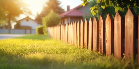 A wooden fence situated in the grass near a house. Suitable for various outdoor themes