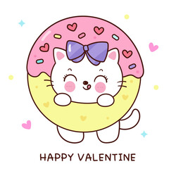 valentine cat cute cartoon in sweet donut dessert (kitten playing). Series: love festival kawaii animals