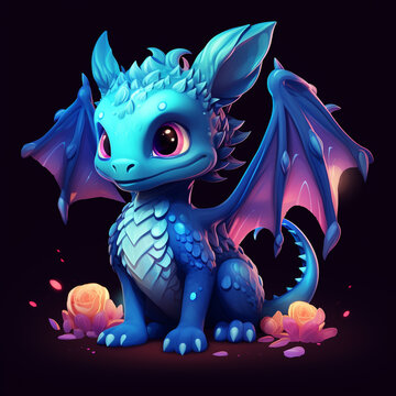 neon dragon baby blue color on black background, avtar icon