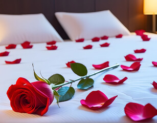 Fototapeta na wymiar Rose on the bed in the hotel rooms. Rose and her petals on the bed for a romantic evening. Generative AI