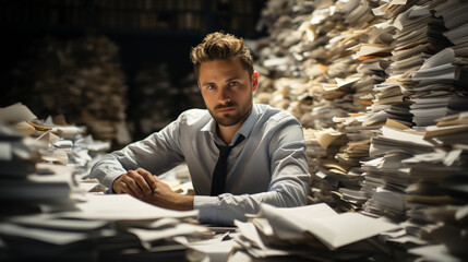 Bureaucracy: Employee sits at his desk in his office surrounded by a multitude of files to be processed, Ai generated - obrazy, fototapety, plakaty