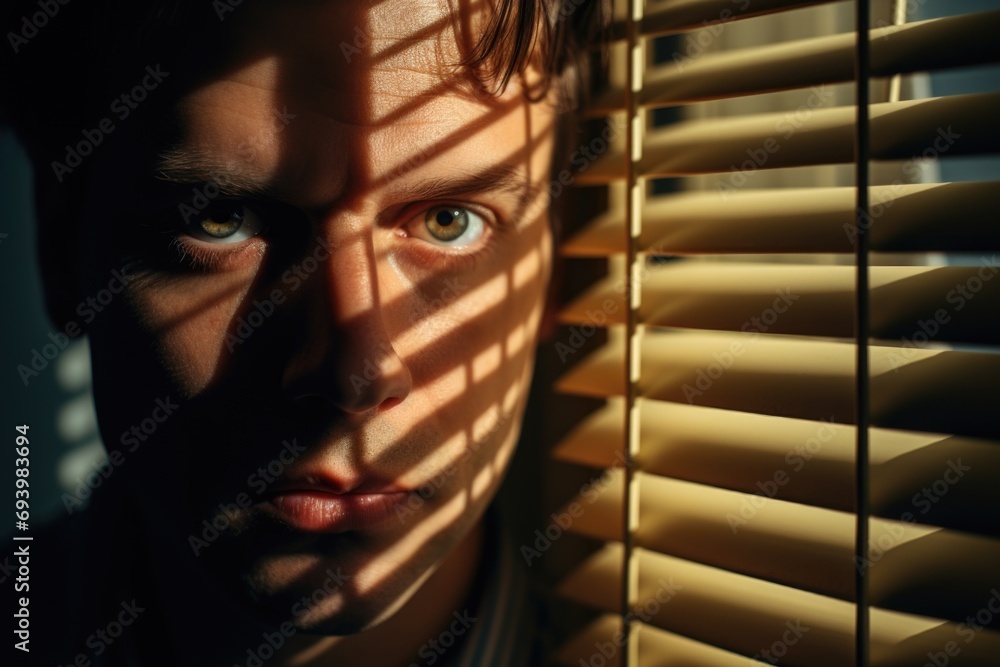 Aufkleber A close-up view of a person looking out of a window. This image can be used to depict curiosity, contemplation, or a moment of introspection.