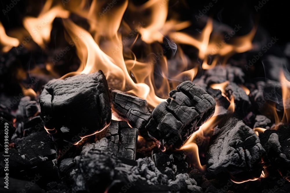 Poster a close-up view of a pile of coal with flames. this image can be used to depict concepts related to 