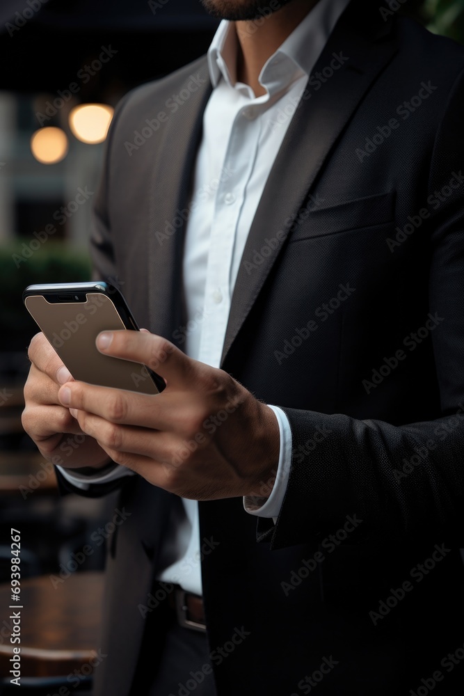 Poster a man in a suit holding a cell phone. suitable for business and technology-related concepts