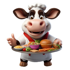 3d cartoon chef cow holding a plate with food, PNG Transparent white background.