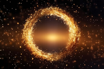 Gold glitter circle of light shine sparkles and golden spark particles in circle frame on black background. Christmas magic stars glow, firework confetti of glittery ring shimmer	