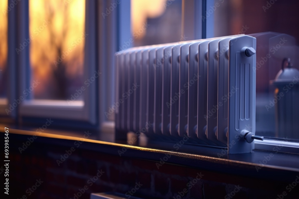 Aufkleber A radiator placed on a window sill in front of a window. Can be used for illustrating energy-efficient heating or interior design concepts
