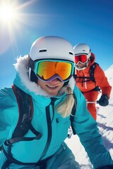 A group of skiers enjoying the snowy slopes of a mountain. Perfect for winter sports enthusiasts and travel brochures