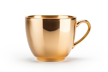 A golden coffee cup placed on a plain white background. Suitable for various uses