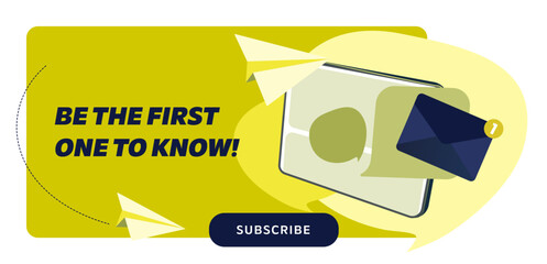 Newsletter subscription banner. Vector illustration for online marketing and business. Tablet with flying envelopes and paper planes. Template for mailing and newsletter.