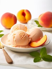 Obraz na płótnie Canvas Plate of peach ice cream on white background.