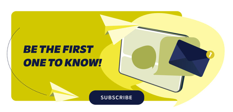 Newsletter subscription banner. Vector illustration for online marketing and business. Tablet with flying envelopes and paper planes. Template for mailing and newsletter.