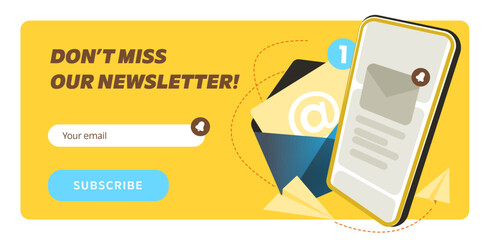Newsletter subscription form. Vector illustration for online marketing and business. Smartphone with envelope and flying paper plane. Template for mailing and newsletter.