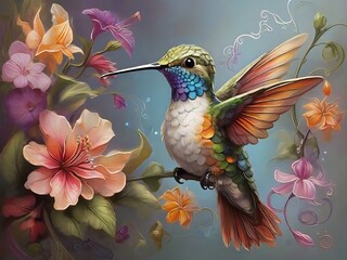 Un colibrí caprichoso con un toque mágico, que aporta vida y color al mundo con sus poderes místicos - obrazy, fototapety, plakaty