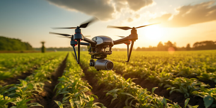 Imagem sobre inovação e tecnologia na agricultura. Fazenda com sistema moderno de mapeamento com drones.