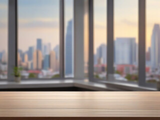 Empty-wood-table-with-blur-room-office-and-window-city-view-background.For-montage-product-display-or-design-key-visual