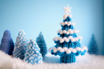 Woolen Christmas tree soft smooth lighting soft pastel colors. colorful floss threads. A miniature model