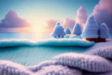 Keuken spatwand met foto Woolen stars and soft smooth lighting soft pastel colors. landscape with snow. colorful floss threads. A miniature model © Udayakumar