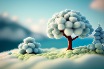 woolen a tree soft smooth lighting soft pastel colors. colorful floss threads. A miniature model