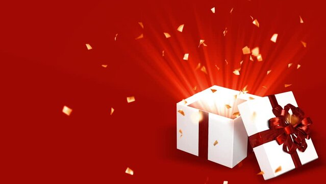 赤い背景、白い箱に赤いリボンのついたプレゼントボックス、金色の紙吹雪が舞う