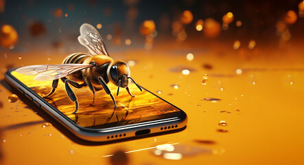 Smartphone with a bee on the screen. 3d rendering.